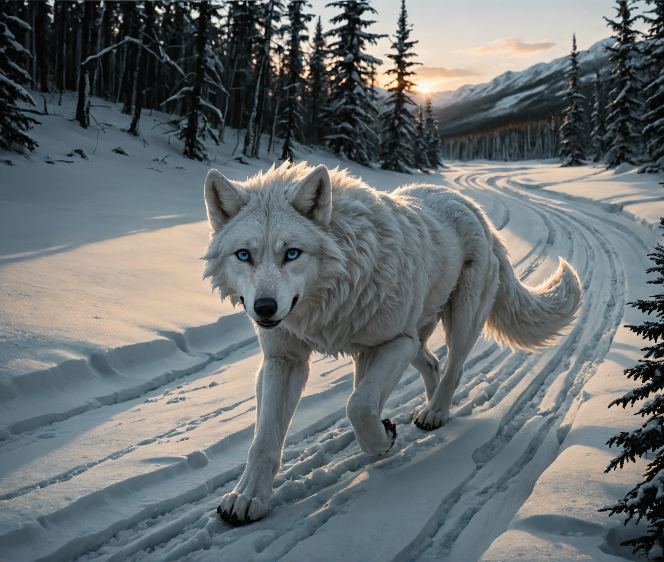 nature shot with wide shot an icy artic tundra,arctic-wolf running through a snowdrift,hunting,nightfall,dimly lit,intense...